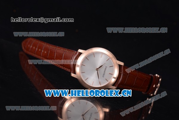 Audemars Piguet Jules Audemars Clone AP Calibre 3120 Automatic Rose Gold Case with Stick Markers Silver Dial and Brown Leather Strap - Click Image to Close